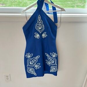 Significant Other Blue Halter Dress with White Embroidery